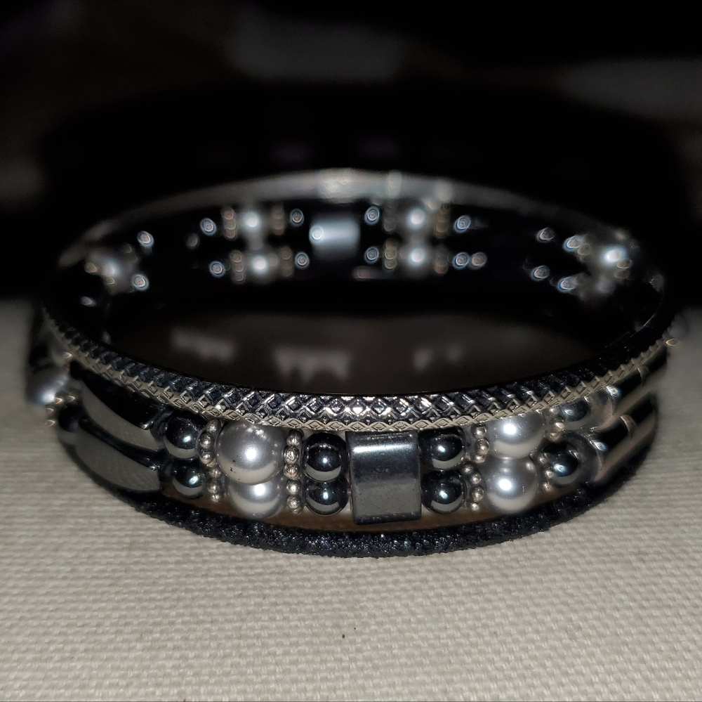 5 for $25 | Black and Silver Magentic Beaded Bangle Bracelet Set